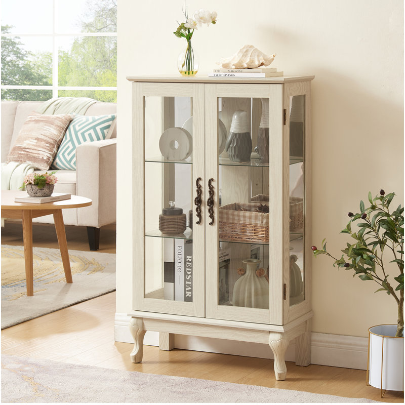 2 Doors Curio Cabinet with Tempered Glass Doors Curio Cabinets with Mirrored Back Panel and Adjustable Shelves Lighted Display Cabinet for Home
